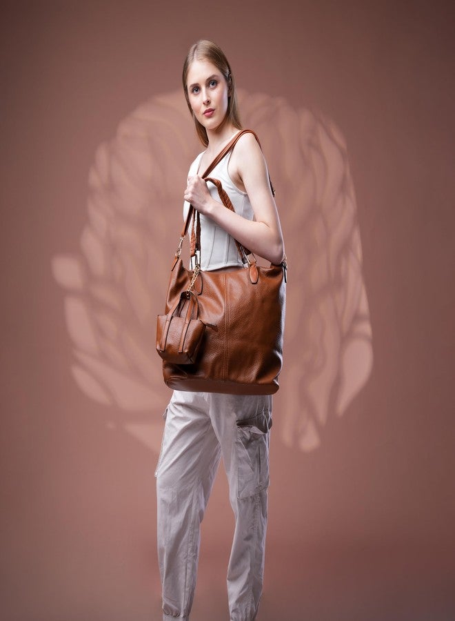 SANTORINI DuoCharm Women’s Trapezoid Tote Bag | Spacious Shoulder Handbag with Mini Bag Charm, 1 Compartment, Multiple pockets, Detachable Sling Strap | Fits 14” Laptop (Brown) - Image 5